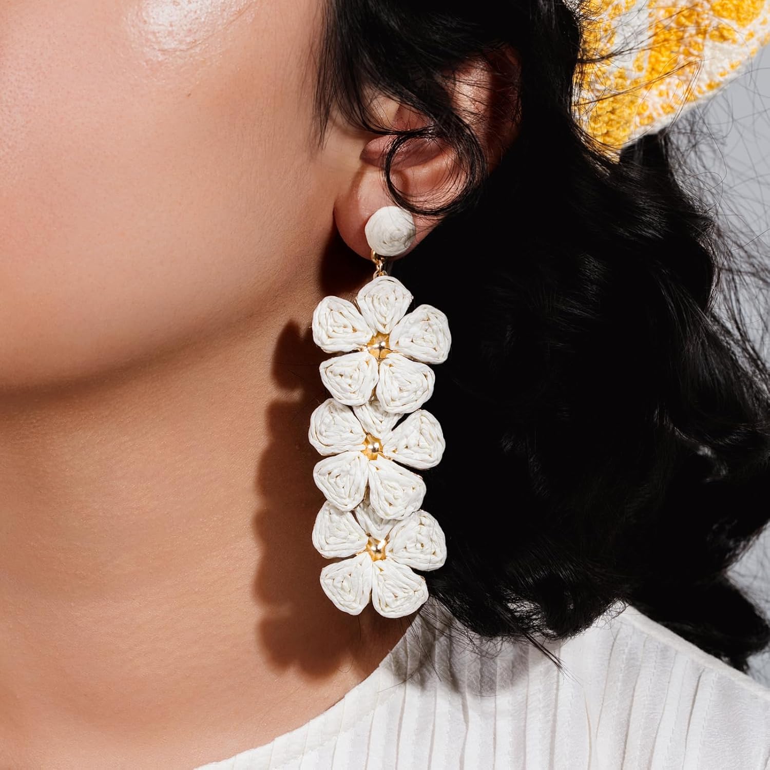 Flower Drop Earrings Floral Raffia Earrings Boho Statement Dangle Earrings Trendy Cute Summer Beach Vacation Jewelry for Women - Image 7