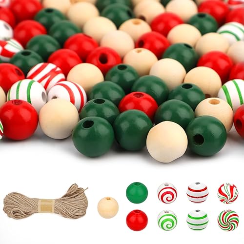 240 cuentas de madera de Navidad para manualidades, cuentas de madera coloridas de 0.63 pulgadas con cuerda de cáñamo de 65.6 ft, redonda de madera
