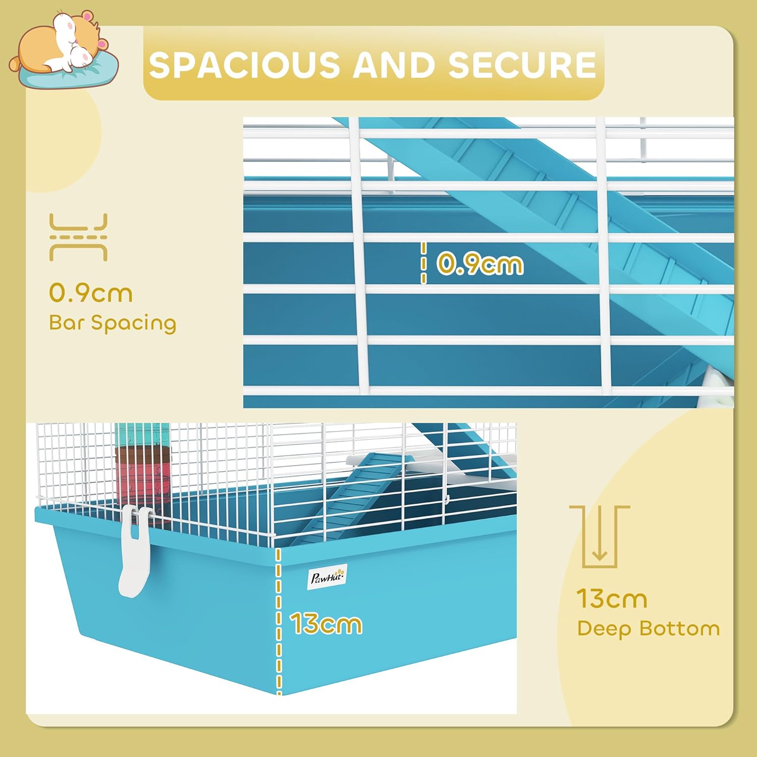 PawHut 4 Tier Hamster Cage, Large Twin Tower Design Gebril Cage with Exercise Wheel, Tubes, Hut, Ramps, Food Dish, Water Bottle, 22.8" x 14.2" x 25.6", Light Blue