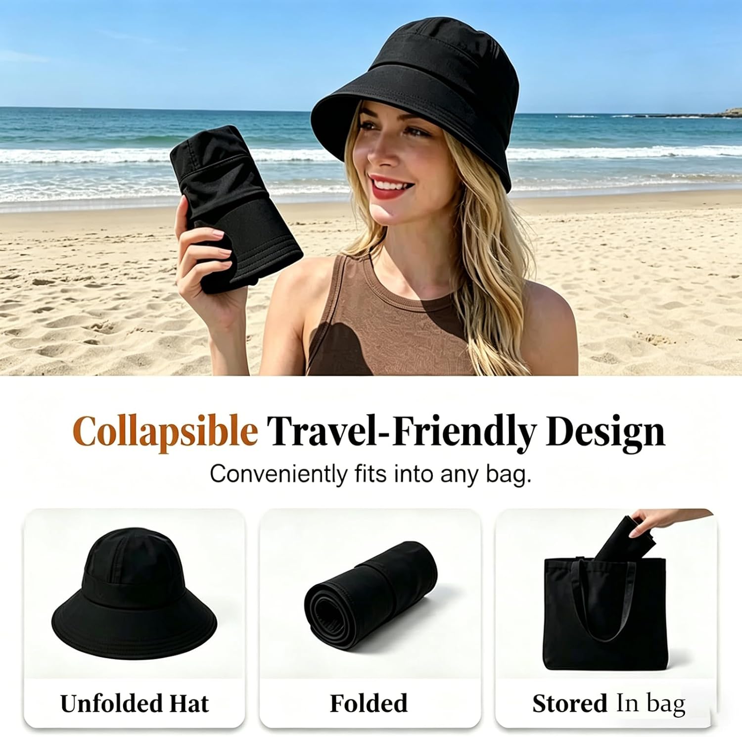 Adjustable UPF Sunscreen Baseball Hat, Wide Brim Baseball Cap for Women & Men, UV Protection Hat, UPF 50+Womens Packable Sun Caps for Hiking, Camping, Outdoor Sports Black