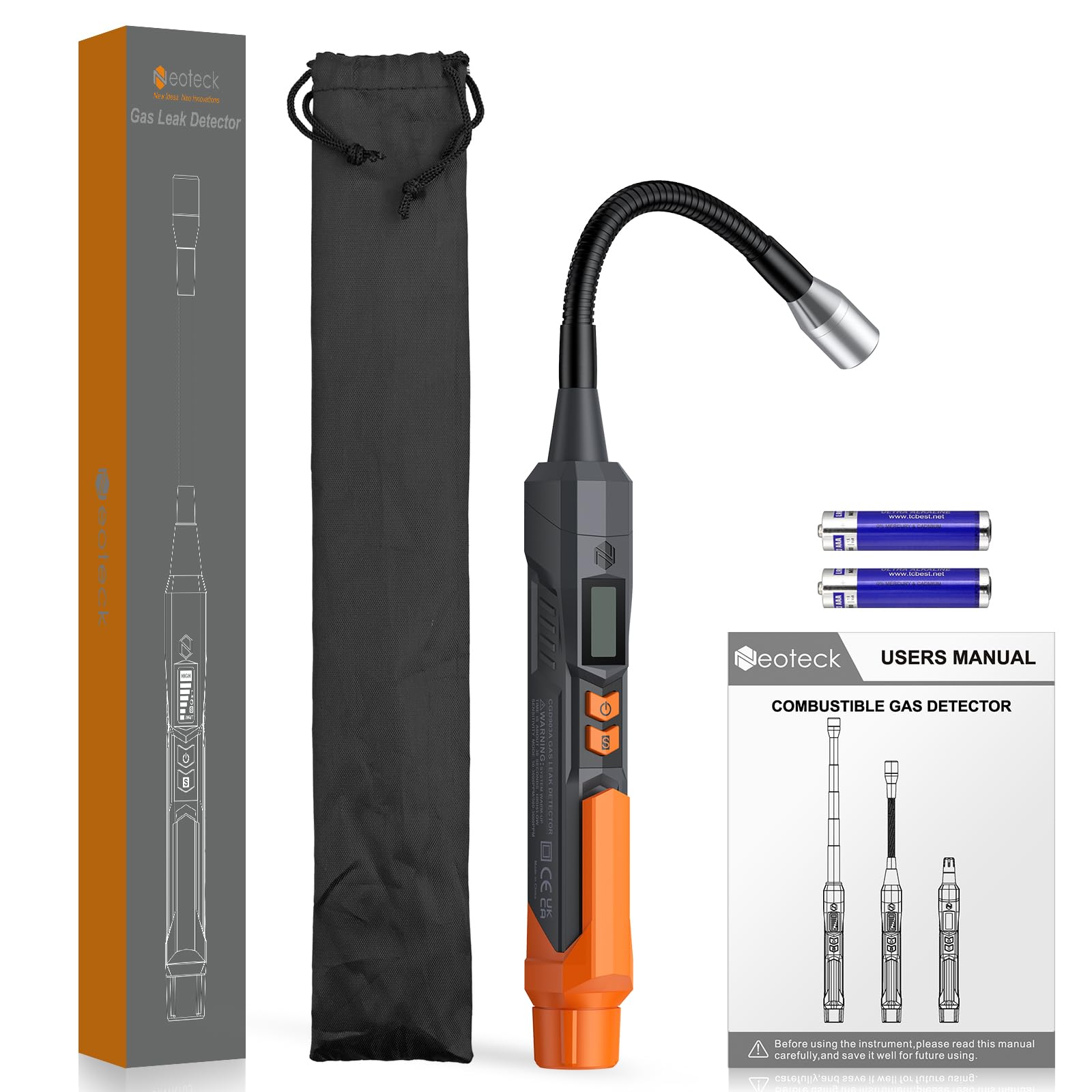 Neoteck Detector de Gas Detector Gas Natural con 4” Sonda Flexible Portátil de Fugas de Gas con Alarma Audible&Visual y Sensibilidad Ajustable para Metano Propano GLP Butano Gasolina Gas Natural