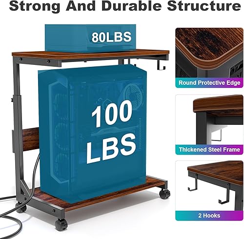 Miniatura 6 de Soporte de torre de computadora de altura ajustable con estación de carga y puerto de carga USB, carrito de 2 niveles ATX, soporte de PC móvil