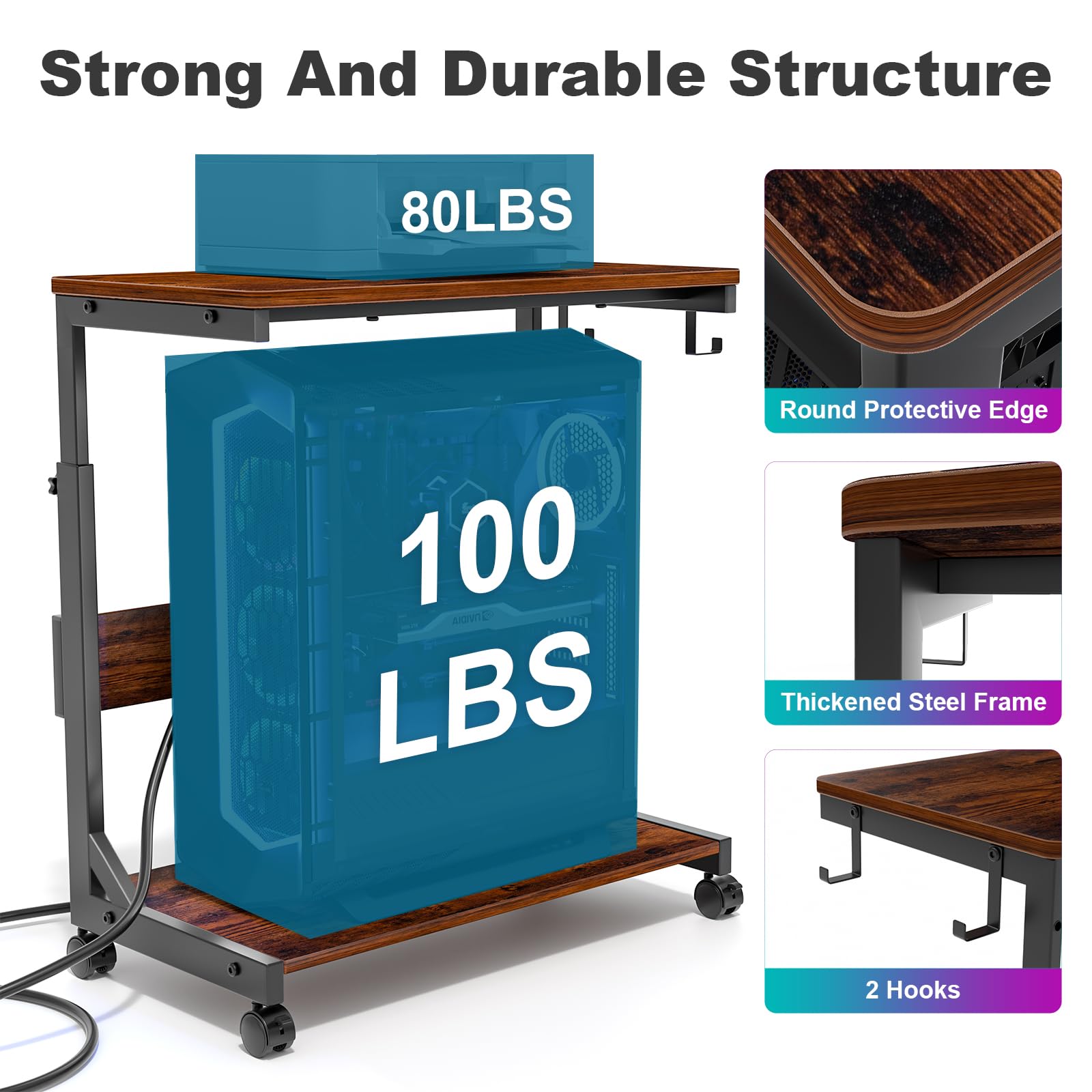 Height Adjustable Computer Tower Stand with Charge Station and USB Charging Port 2-Tier ATX-Case Cart Under Desk Mobile — view 6