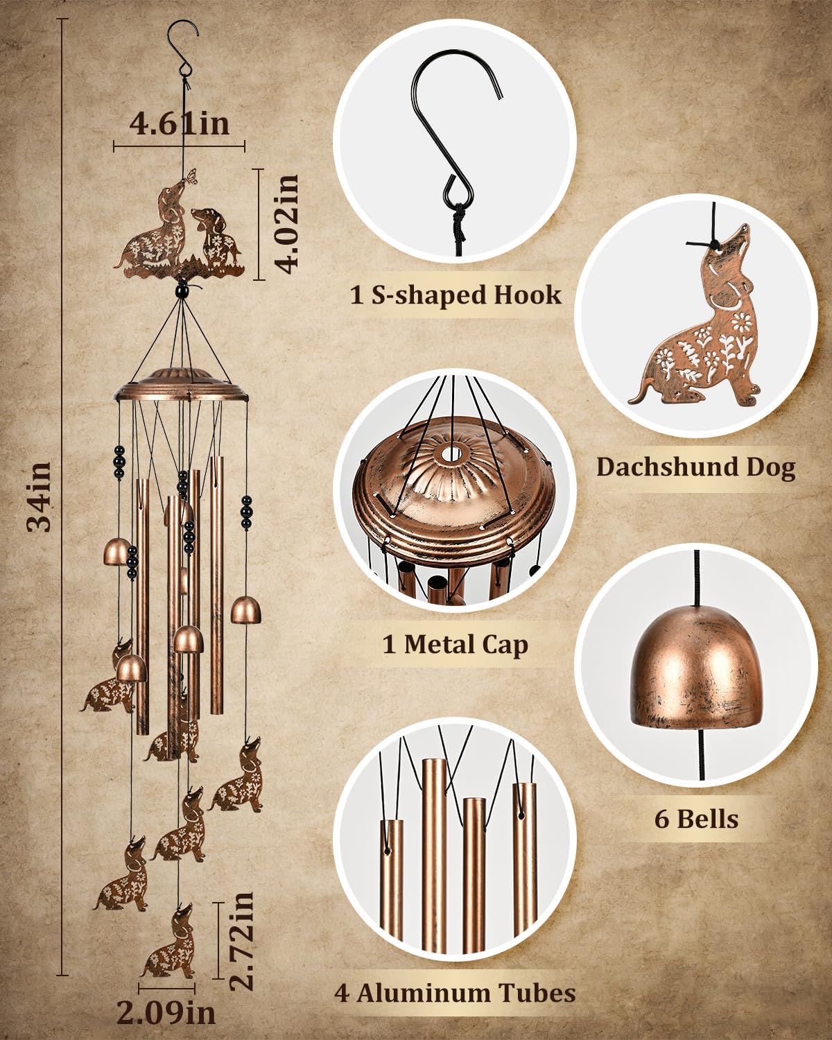 Dachshund Dog Wind Chimes Outdoor Decor Dachshund Dog Birthday Gifts for Women Mom Sister 34 Inch Aluminum Windchimes for Outside Porch, Garden, Yard Decoration