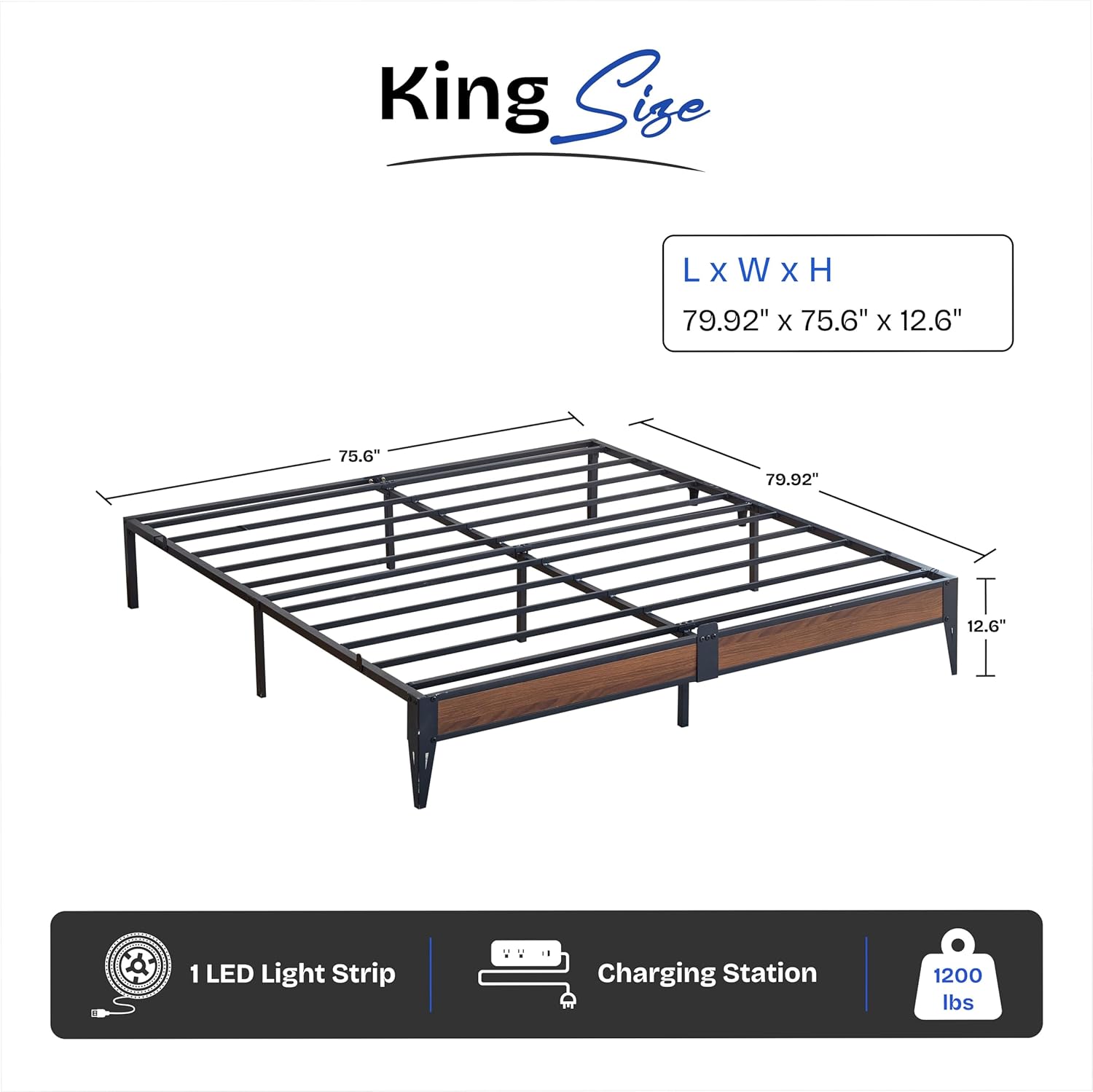 King Metal Platform Bed Frame with LED Light Strip & Charging Station, 12.6” Heavy Duty Steel Slat Support, Noise-Free, Anti-Slip Mattress Stopper, No Box Spring Needed, Easy Assembly, Black