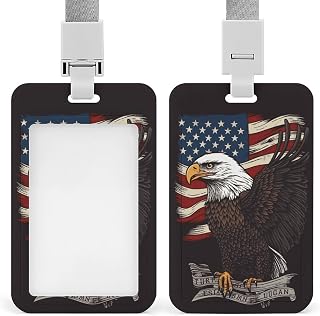 Sliding USA Patriotic Eagle Id Badge Holder with Breakaway Lanyard | Vertical Name Tag, Clear Front Window, Push Slide, Card Protector, Gift for Nurse Doctor Teacher Work Office Staff Supplies