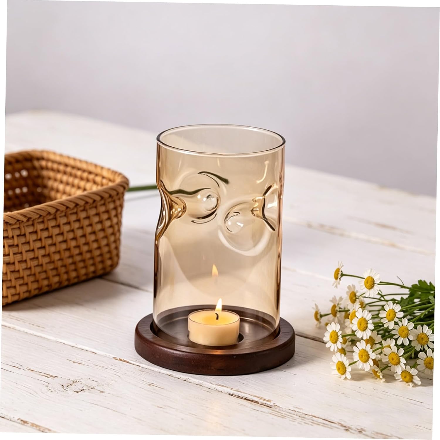 Glass Cylinder Candle Holder with Wood Base, Easy to Clean Windproof Hurricane Candle Holder for Centerpieces and Dinners, Classic Vintage Chinese Retro Style, 6.3x4.7 Inches