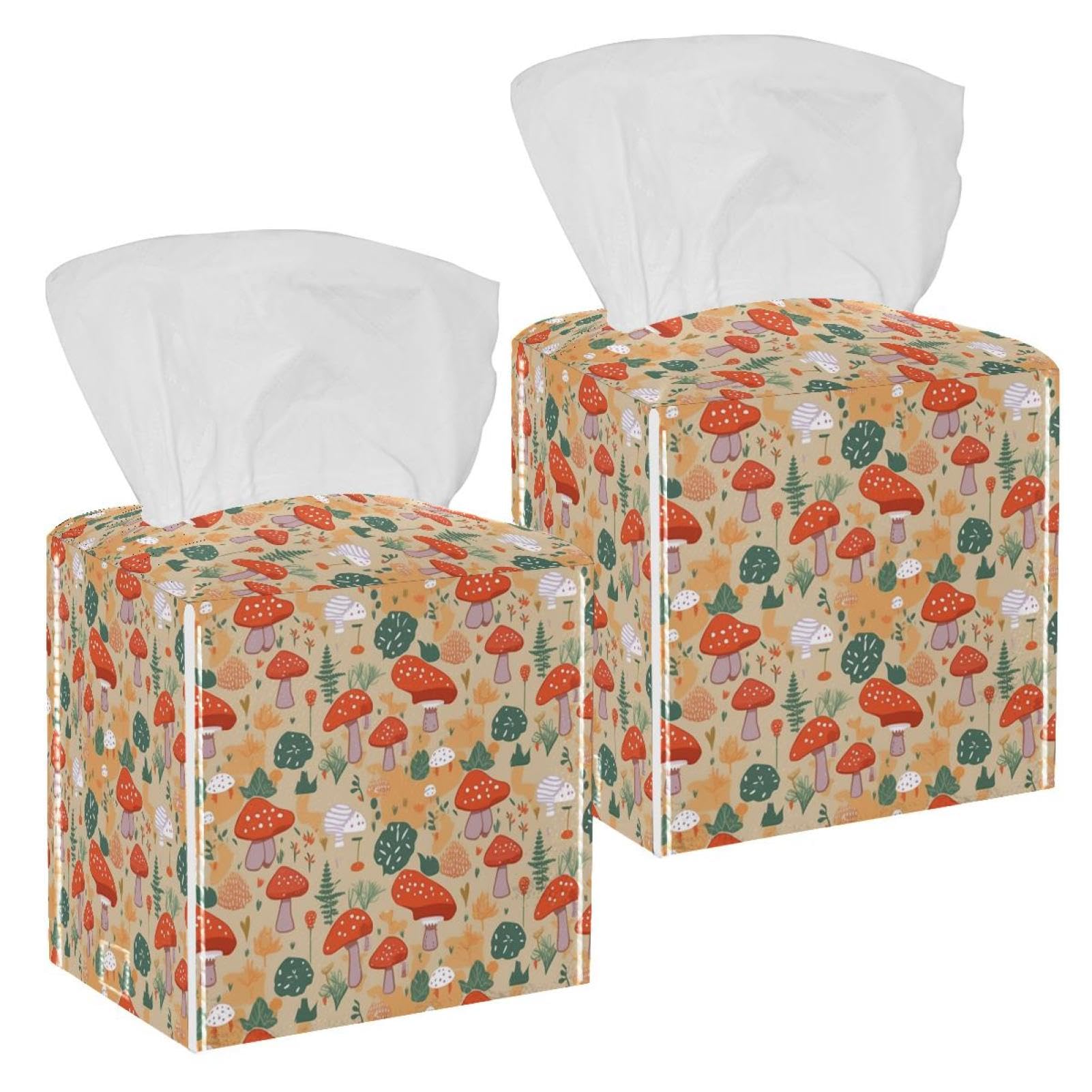 Beautiful Mushroom Tissue Box Cover, 2 Pack PU Leather Square Facial Tissue Dispenser Box holder for Home Office Car