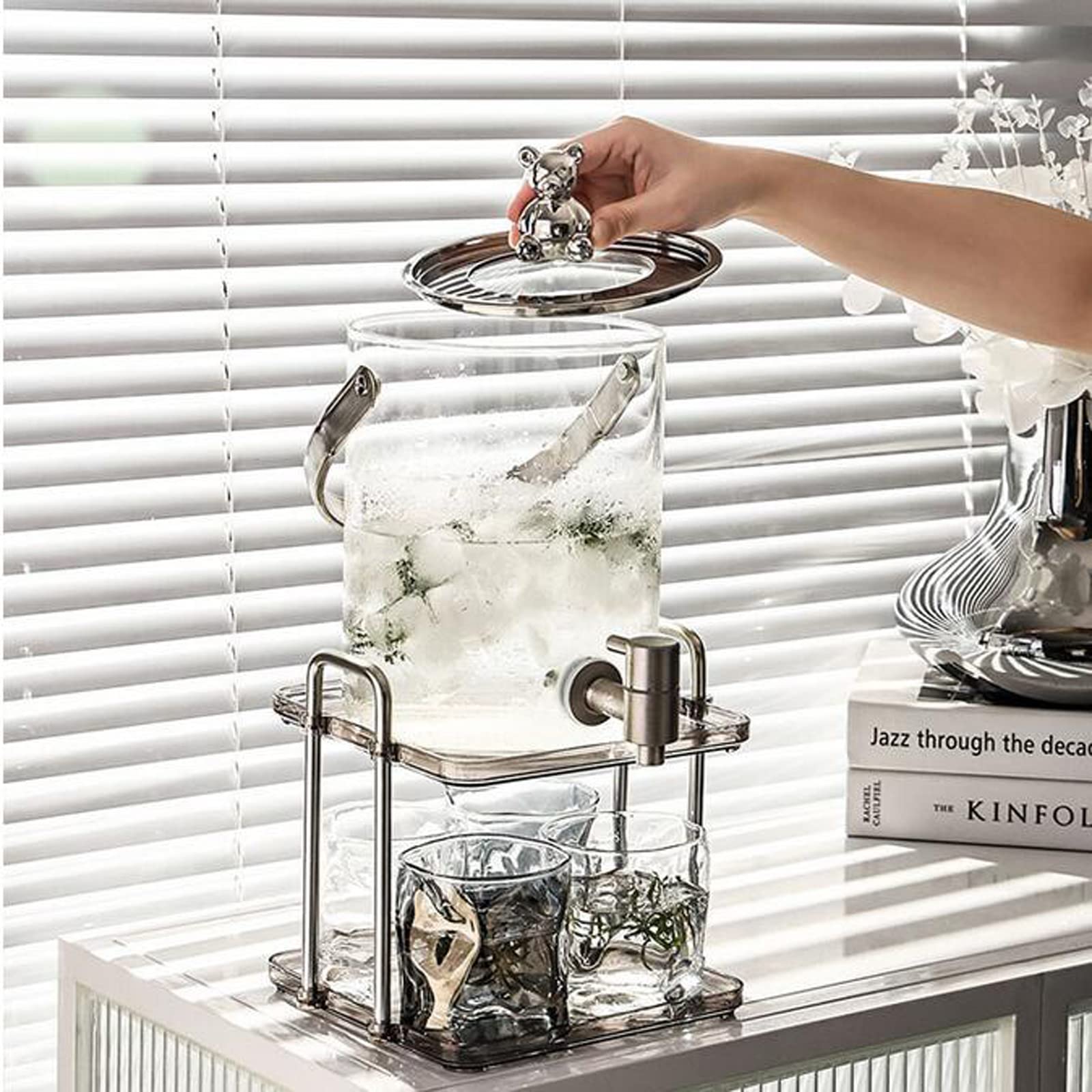 Dispensador de Bebidas de Cristal de 3 litros Dispensador de Agua Dispensador de Bebidas de Vidrio al Aire Libre, Jarra de Vidrio con Grifo Dispensador de Bebidas Refrigerador,Plata