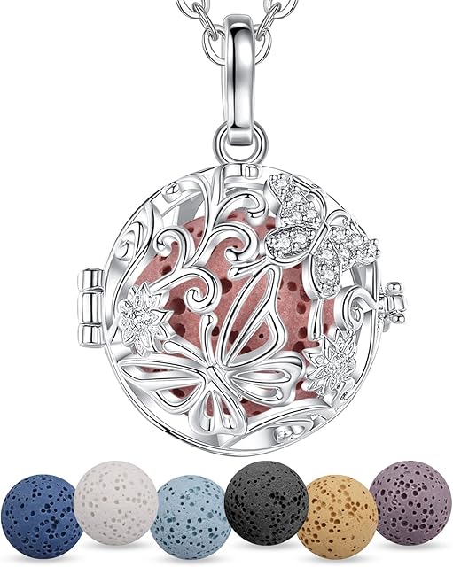 EUDORA Harmony Ball Aromatherapy Necklace Essential Oil Diffuser Pendant with 7PCS Lava Stone Beads for Women Girls Nice Gift Jewellery, 24 inches