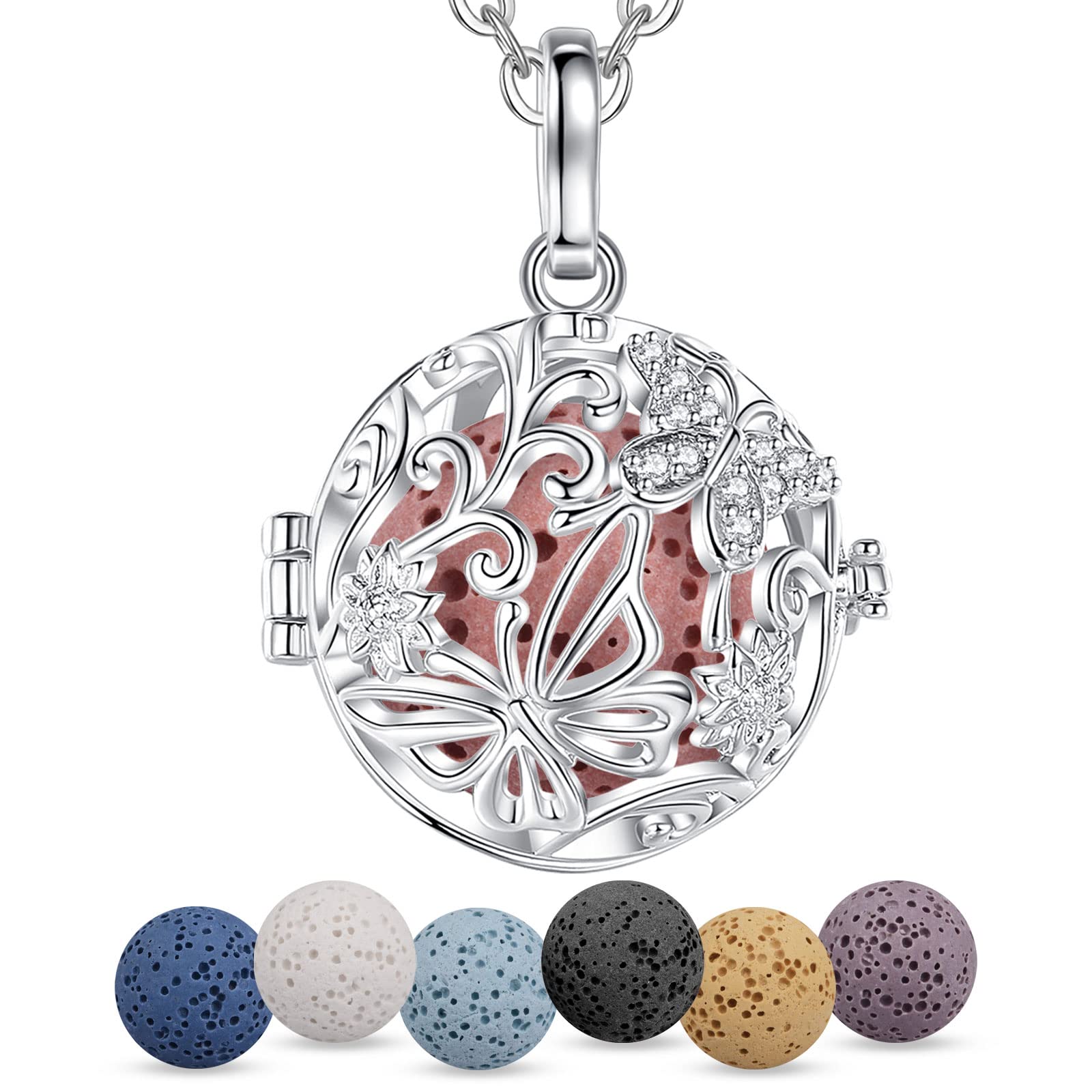 EUDORA Aroma Diffuser Essential Oil Necklace for Women, Butterfly Aromatherapy Diffuser Necklaces Pendant Lava Stone Ball Locket Jewelry Birthday Gifts for Women Mom Daughter Mama Mother 24", 7PCS
