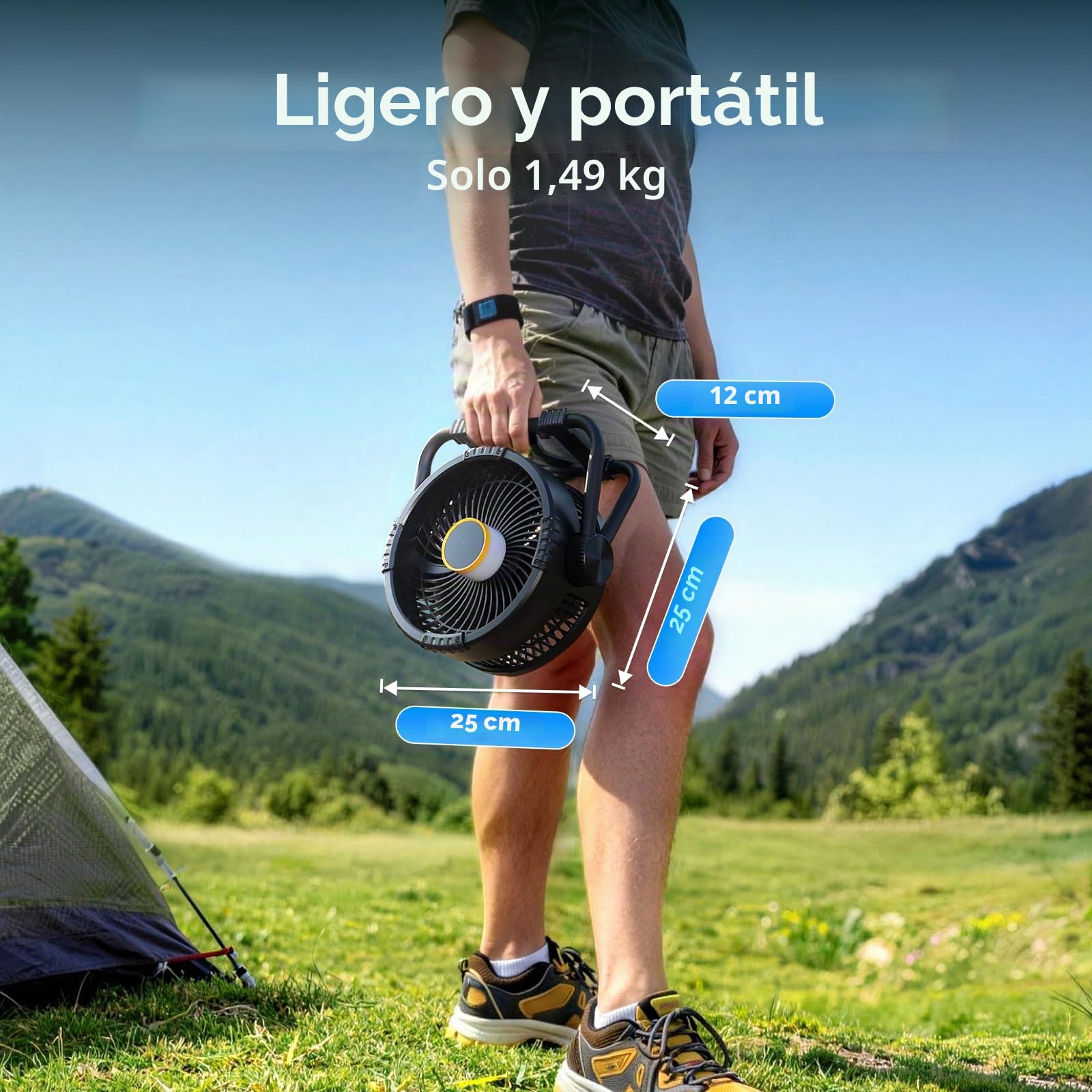 BougeRV F01 Ventilador Portátil Recargable Batería 20000mAh, Soporte de Metal, USB Silencioso y Potente con Luz LED y App para Mesa, Coche, Camper, Furgoneta o Terraza Exterior