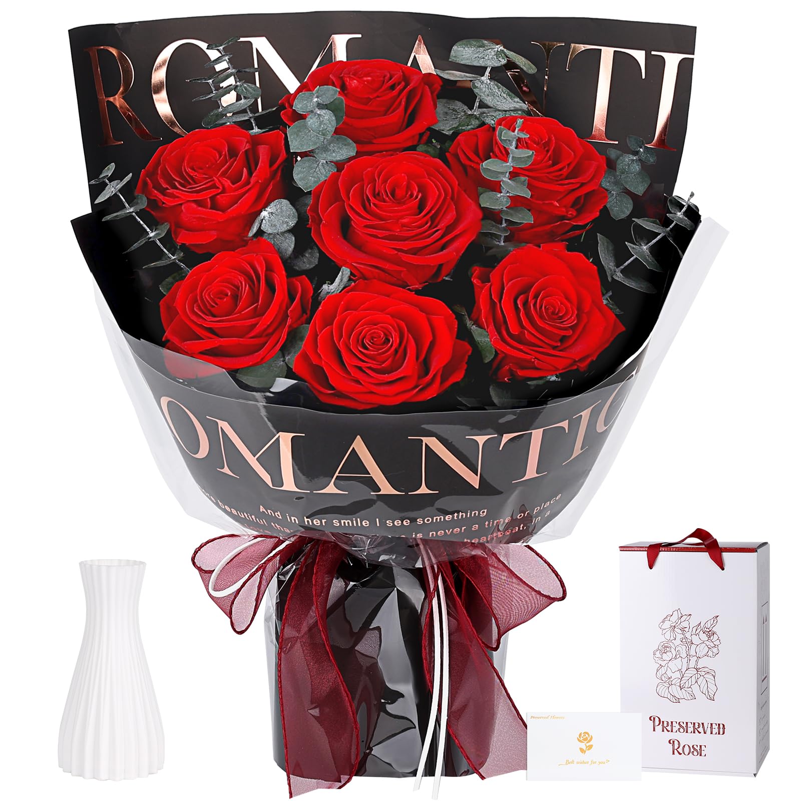 7 Rosenstrauß mit Vase, Ewiger Rosenstrauß, Konservierte Echte Rote Rosen, Geschenke für Frauen, Valentinstag, Muttertag, Jahrestag & Geburtstagsgeschenk für Freundin oder Ehefrau