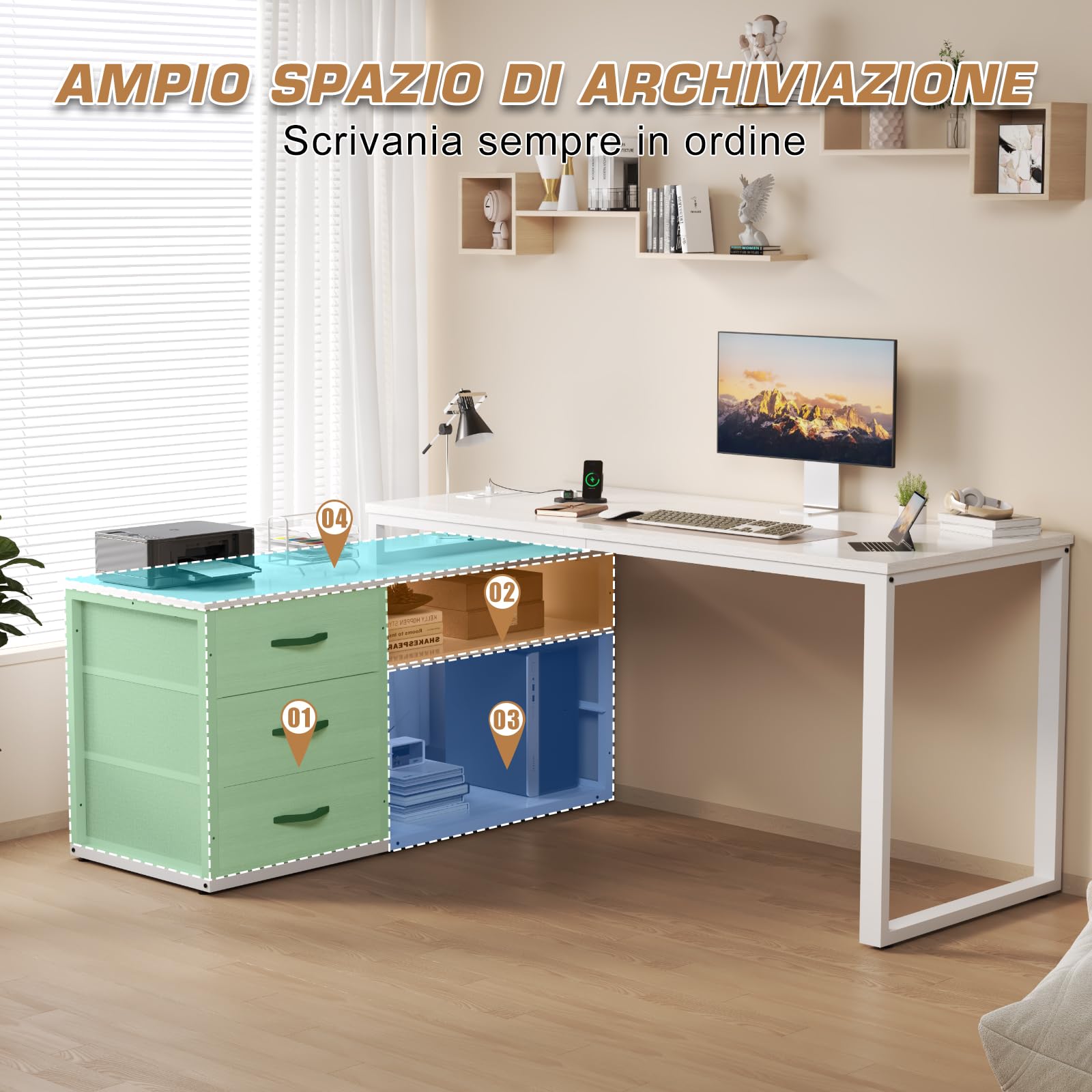 TRIUMPHKEY Scrivania Angolo per Computer 140x105x75cm, Forma di L Con 3 Cassetti, 2 Porte USB e 2 Prese di Corrente, per Casa Ufficio, Bianco