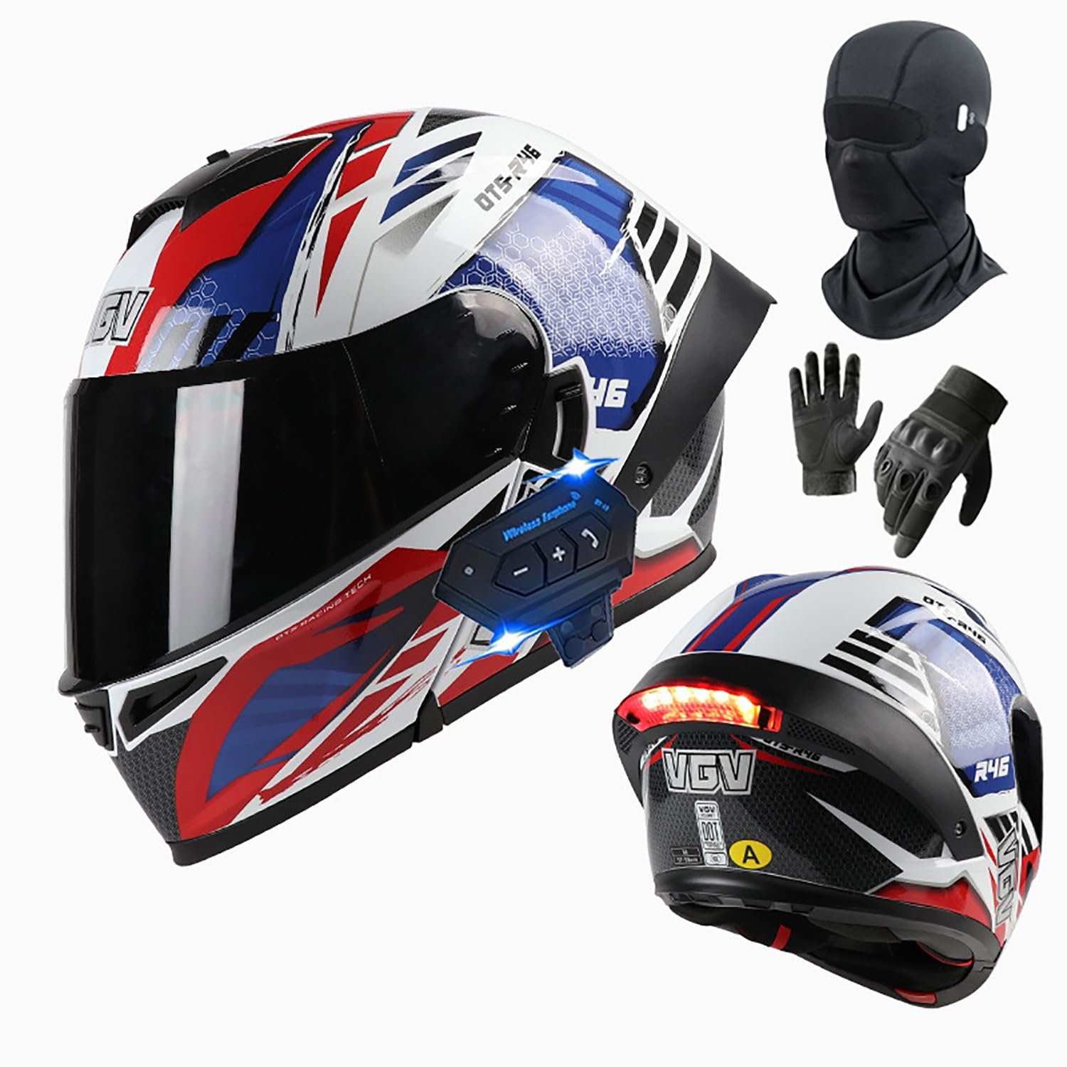 Bluetooth Casco Moto Modular con Guantes Y Cubrecara, Luces Traseras, ECE Homologado Casco Abatible con Doble Visera, Casco Prueba Colisiones, para Hombres Mujeres Adultos Urbanos S,X-Large