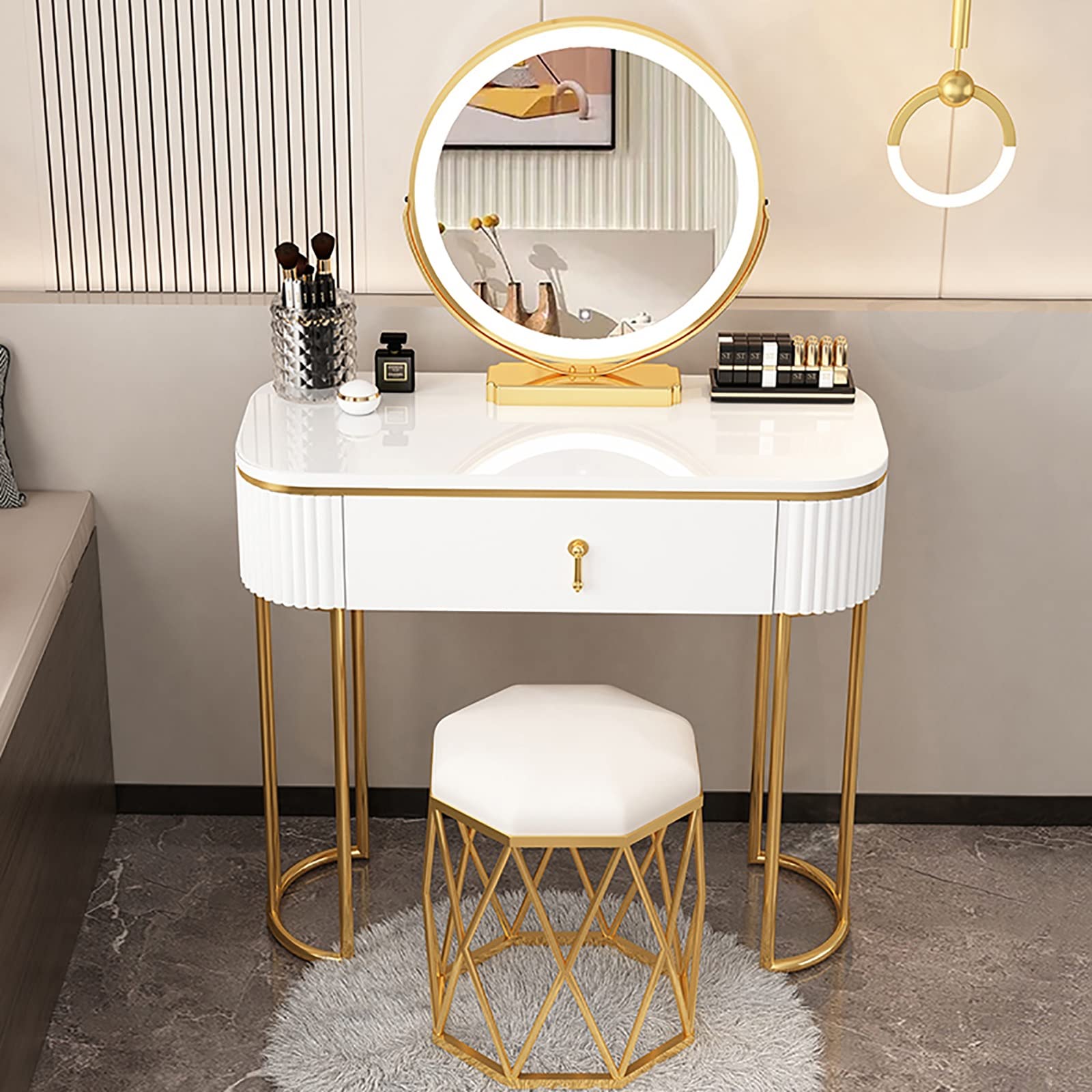 asdchZen Lighted Vanity Desk With Adjustable Brightness-Luxury Makeup Table With 3 Color Modes 2 Drawers 80Cm For Elegant Makeup Experience,A-80cm