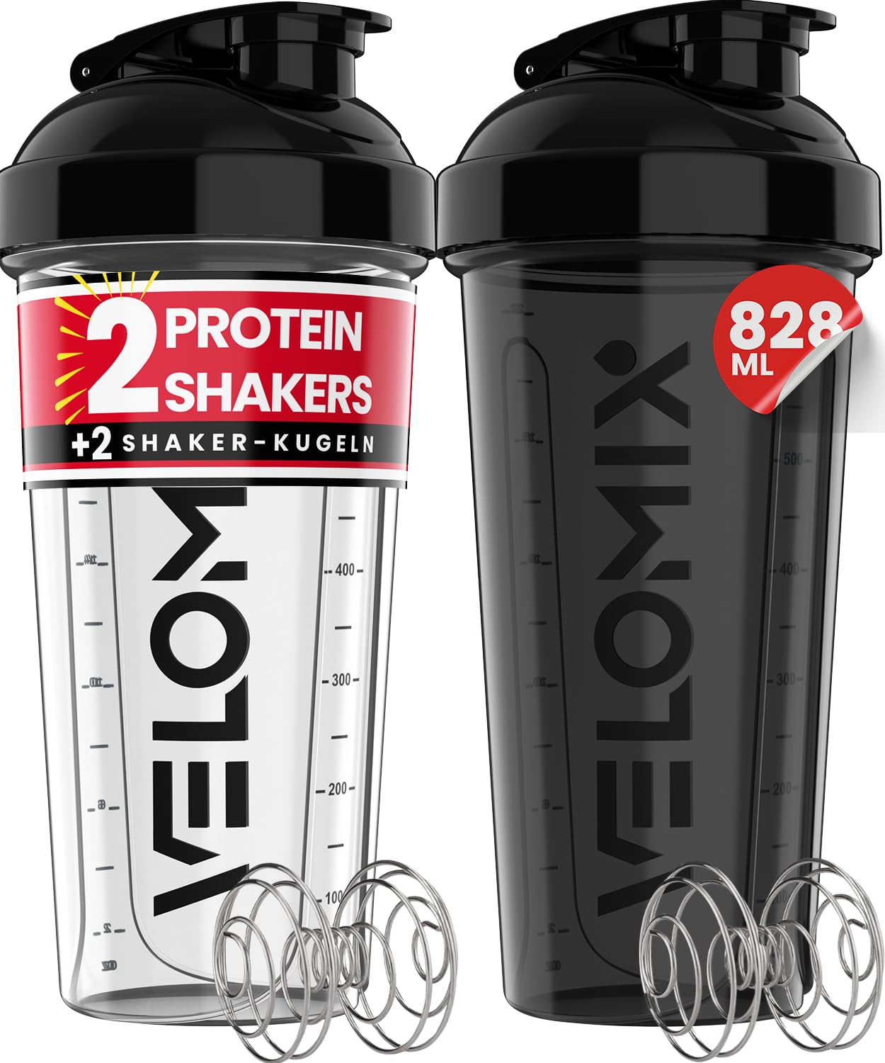 VELOMIX -2 PACK- 828ml Eiweiß Shaker - Auslaufsicher Shaker Proteinshake mit 2x Kugel, Drehverschluss & Mess-Skala | Protein Shaker Bpa Frei | Spülmaschinengeeignet