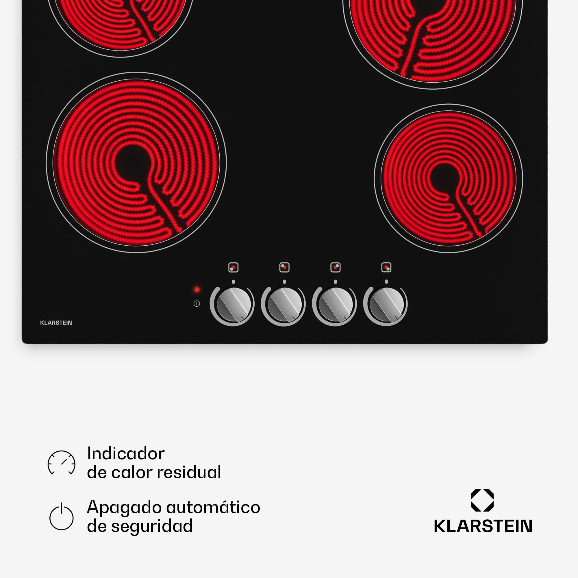Klarstein Placa Vitroceramica 60 cm - 4 Zonas, 5800 W, Mandos Giratorios, Indicador Calor Residual, Apagado Automático & Bloqueo Infantil, Superficie Fácil de Limpiar, Cocina Vitrocerámica