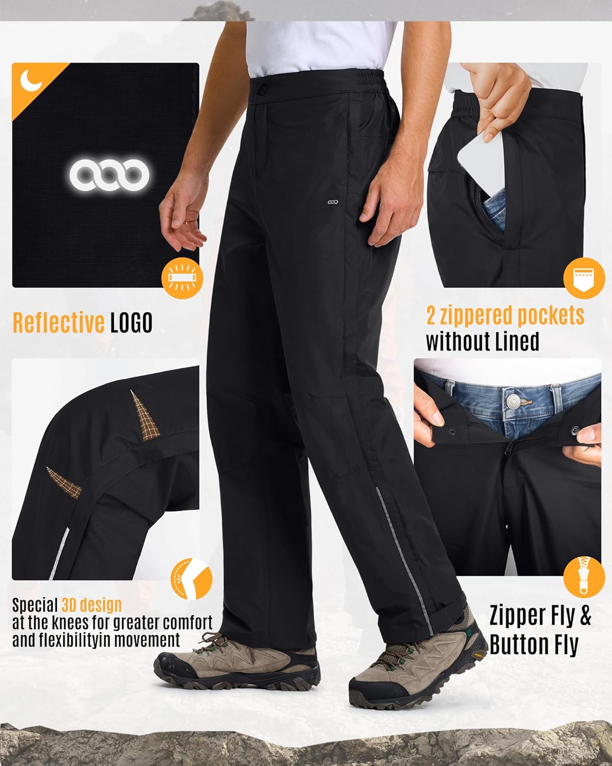 33,000ft Men's Rain Pants Full Zip Waterproof Pants Breathable Rain Over Trousers for Outdoor Hiking Golf Work - Image 6