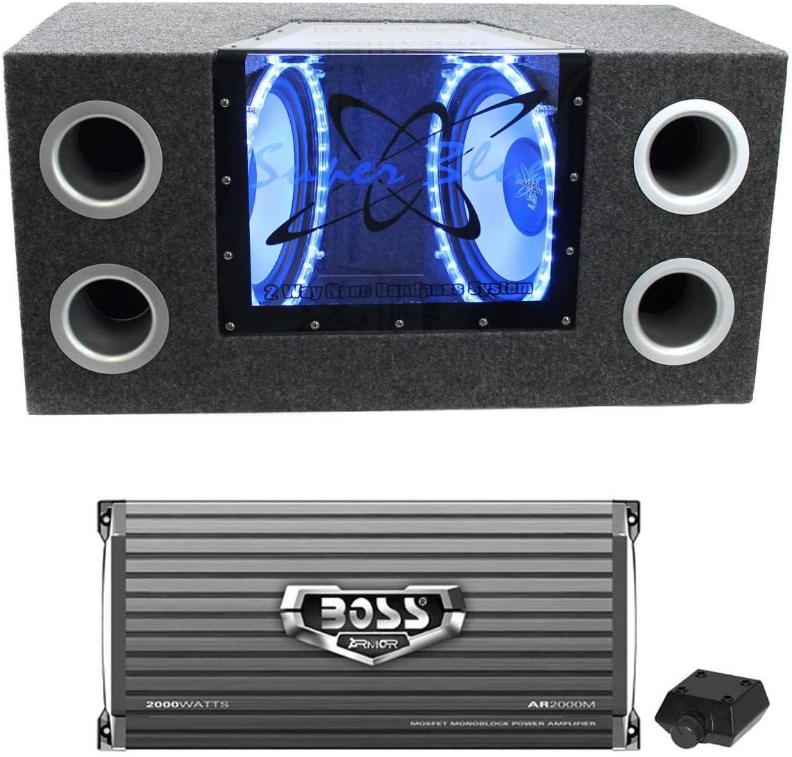 Pyramid BNPS102 10" 1000W Car Subwoofers Sub Bandpass System with Neon Accent Lighting and Boss PDX-1000.2 2000W 2-Ohm 2-Channel Amplifier Amp