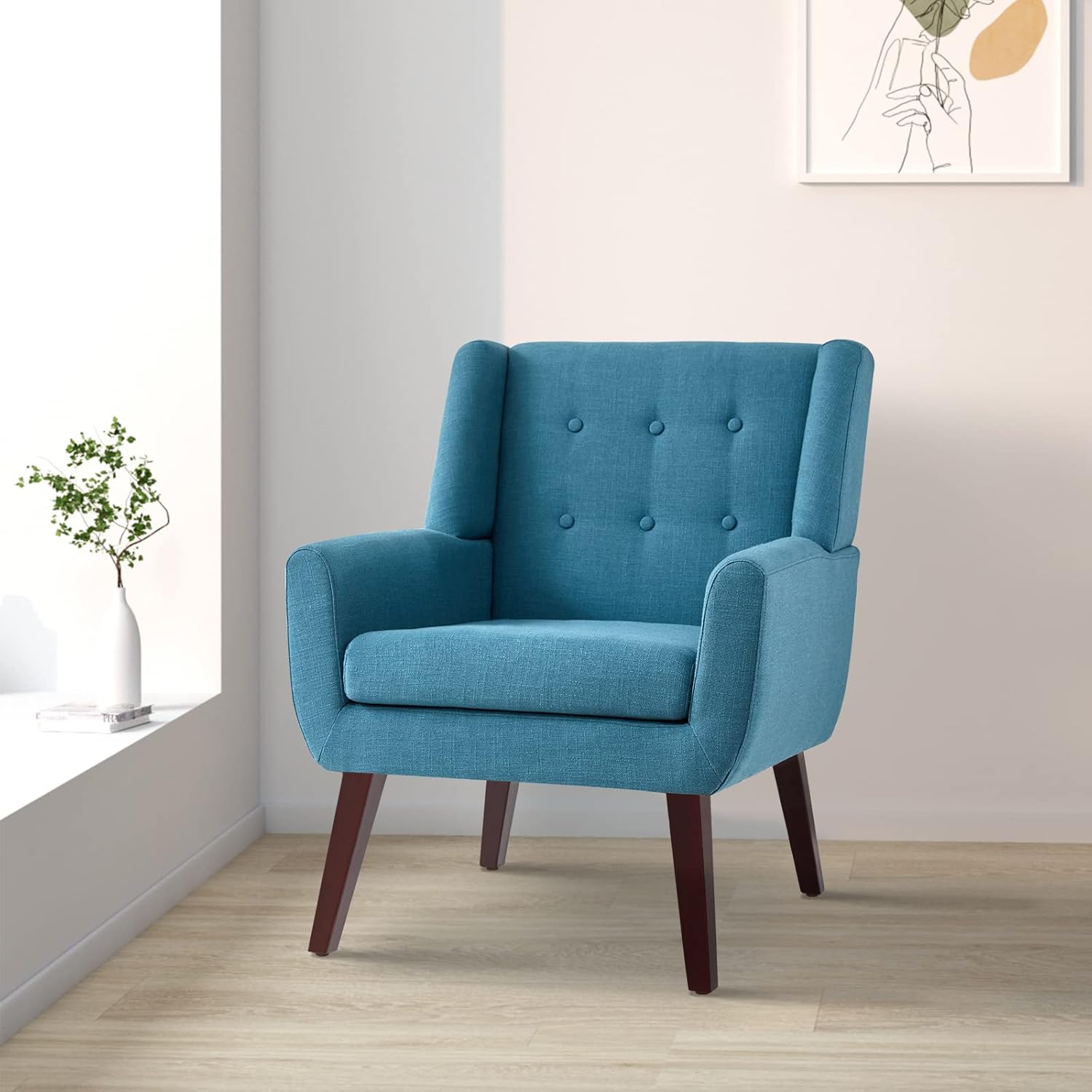 HUIMO Accent Chair Set of 2, Upholstered Button Tufted Armchair, Linen Fabric Sofa Chairs for Bedroom, Living Room, Mid Century Modern Comfy Reading Chair (2,Lake Blue)