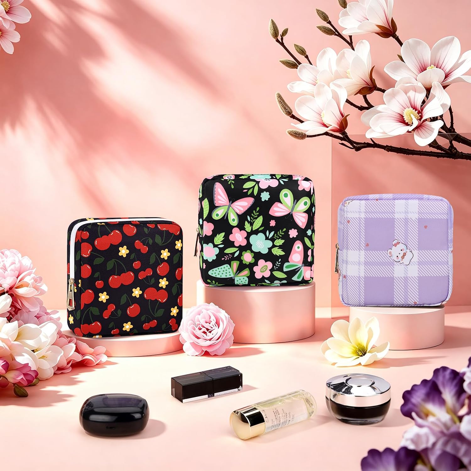 Canvas Period Bag Discreet Sanitary Napkin Storage Bags Pad Pouch | Cherry Print Deisgn, Portable, Menstrual Cup & Pad Holder, First Period Kit Storage, Feminine Bag for Women