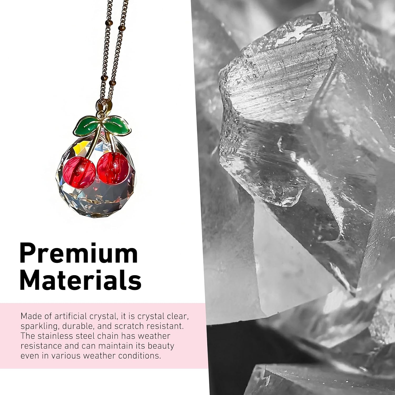 Cherry Crystal Ball Car Rear View Mirror Charm, Sparkly Light Refraction Suncatcher Car Hanging Ornament Pendant, Cute Auto Interior Decoration Accessories for Women (Red) image 3