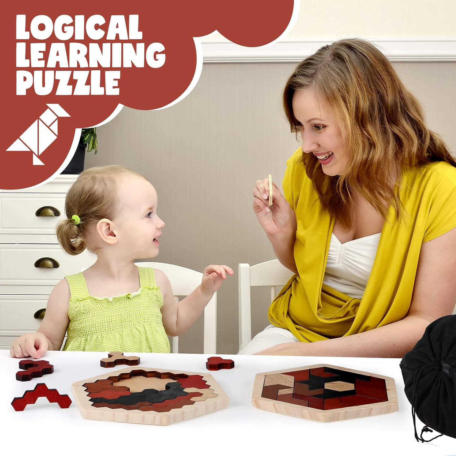 Yunsailing 3 Pack Large Hexagon Tangram Puzzle Wooden Brain Puzzles for Adult Challenge Wood Russian Blocks Brain Teasers Geometric Jigsaw Block Logic Iq Stem Family Graduation Gifts(Vintage)