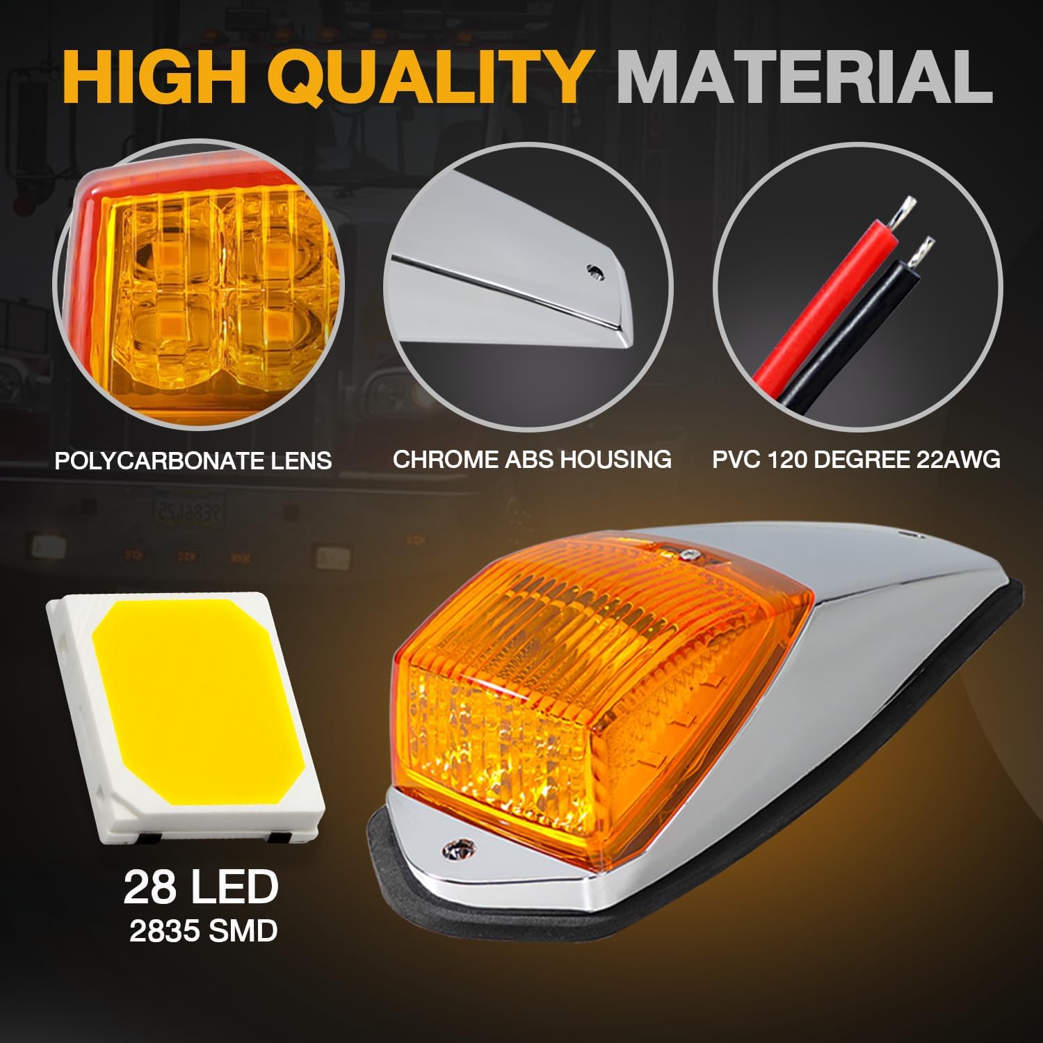 MADCATZ 5 Pcs Amber Lens 28 LED 2835 SMD Top Roof Cab Marker Running Lights with Chrome Base Compatible with International Trailer Truck Pickup 12V DC