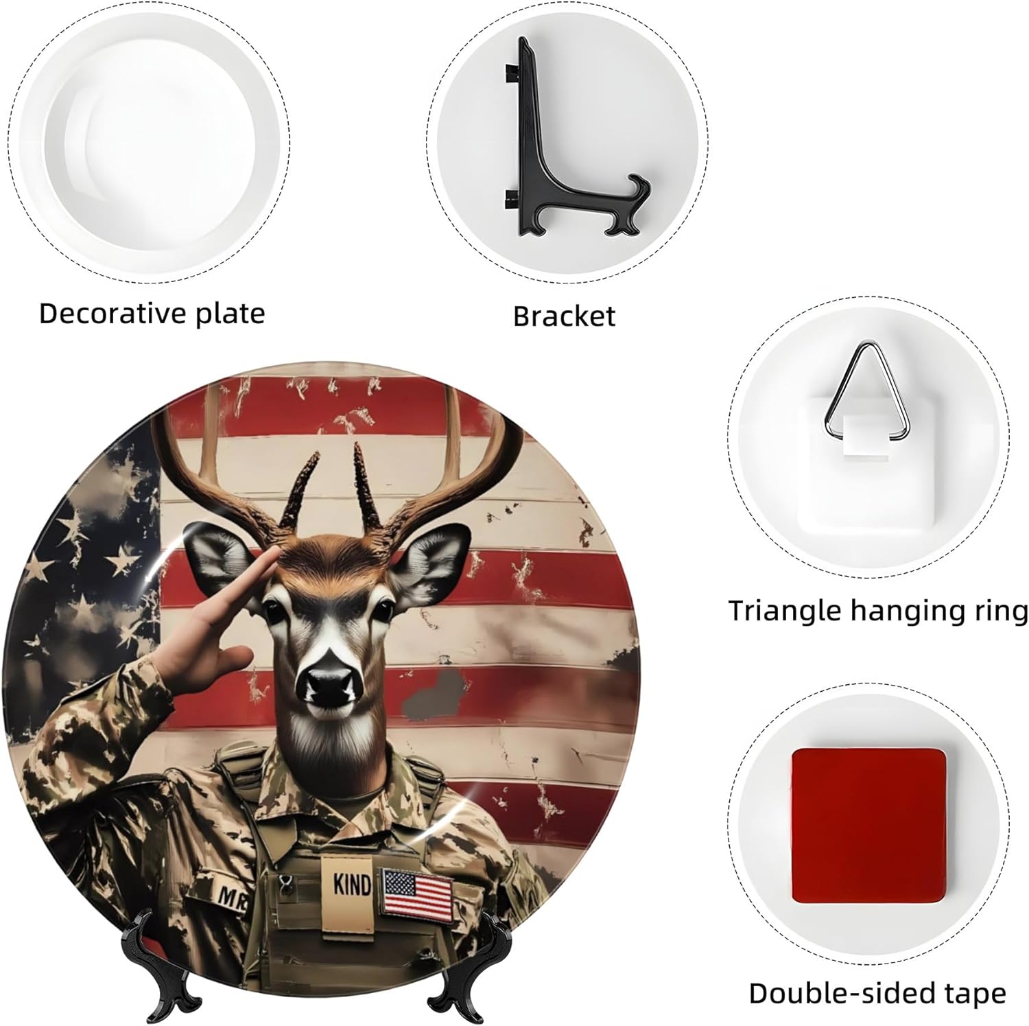 Decorative Plate Ceramic Plate for Wall Hanging 10in Accent Plate for Office Living Room Hallway Table Decor - Patriotic Deer Soldier Salute