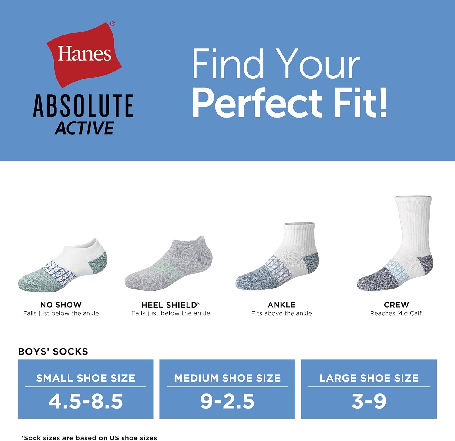 Hanes Boy's Socks, Ankle, Crew, & No Show 6-pack, Absolute Active Cushioned Sports Socks for Boys, Moisture-wicking Athletic