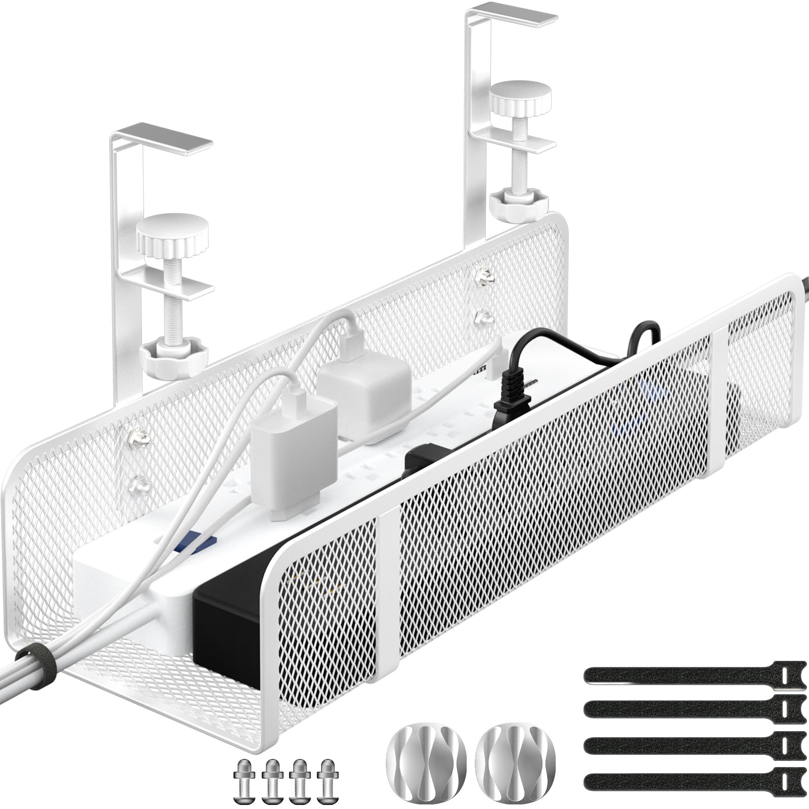 Under Desk Cable Management Tray, Wire Management Desk Cable Organizer Cable Management Box, Cord Organizer Under Desk Storage Cable Raceways for Office, Home - No Damage to Desk No Drill