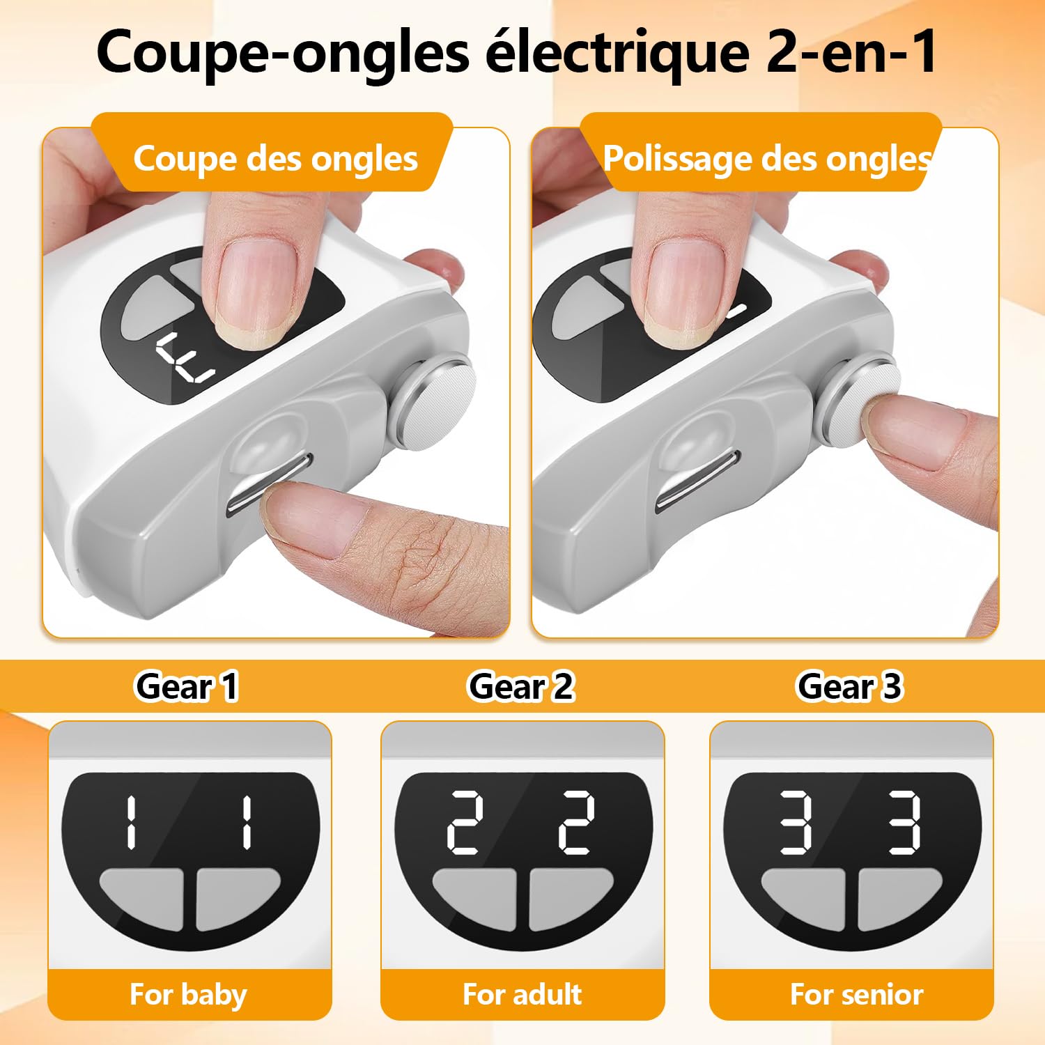 Coupe Ongle Électrique Pied et Main, 3 en 1 Lime a Ongle Electrique et Polisseuse, Coupe-ongles automatique avec à lumière LED, 3 Vitesses Faible bruit, Pour Bébés, Adultes, Personnes Âgées - Gris
