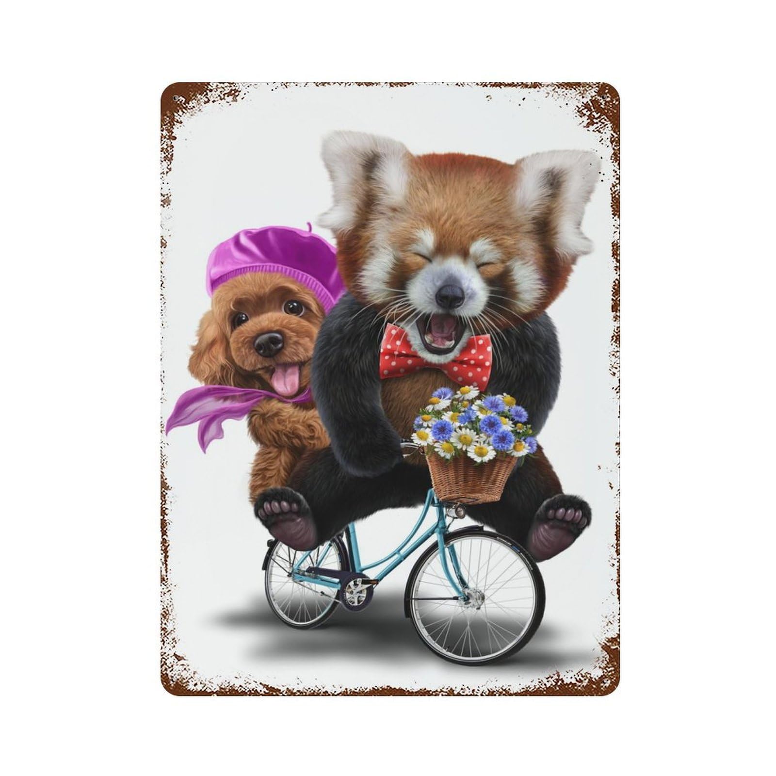 Red Panda with Poodle Dog Vintage Rust Metal Sign 15.7"x11.8", Farmhouse Wall Decor for Garage, Pub Or Kitchen