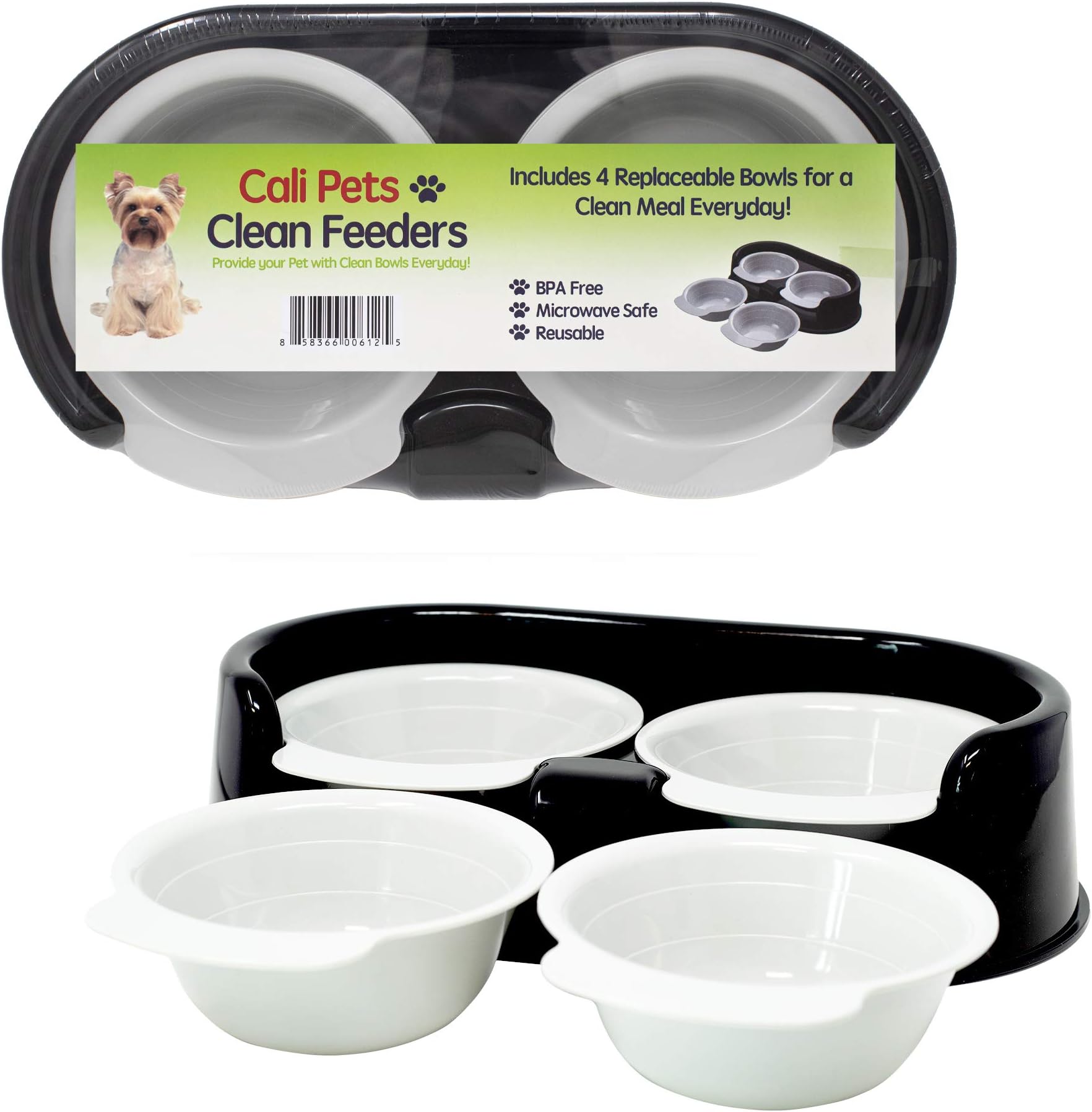 Cali Pets Clean Feeder Pet Bowls | 4 Interchangeable Feeding Bowls | BPA Free Plastic Pet Feeding Station | Available in Large and Small