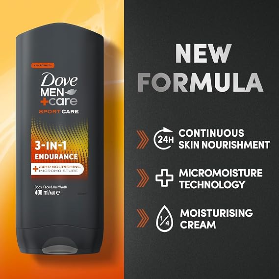 Men Care Sport Endurance 3 in 1, Hair Body and Face Wash, Body Cleanser Shower Gel, 24 hour Nourishing, Micro Moisture Technology 400ml, Pack of 2