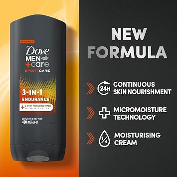Men Care Sport Endurance 3 in 1, Hair Body and Face Wash, Body Cleanser Shower Gel, 24 hour Nourishing, Micro Moisture Technology 400ml, Pack of 2