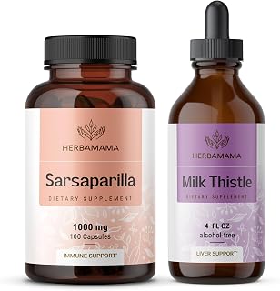 HERBAMAMA Sarsaparilla and Milk Thistle Kit - Bundle of 1000mg Sarsaparilla Root Capsules & Milk Thistle Extract Tincture 4 fl oz - Vegan, Non GMO, Sugar & Alcohol-Free - 2 Pack