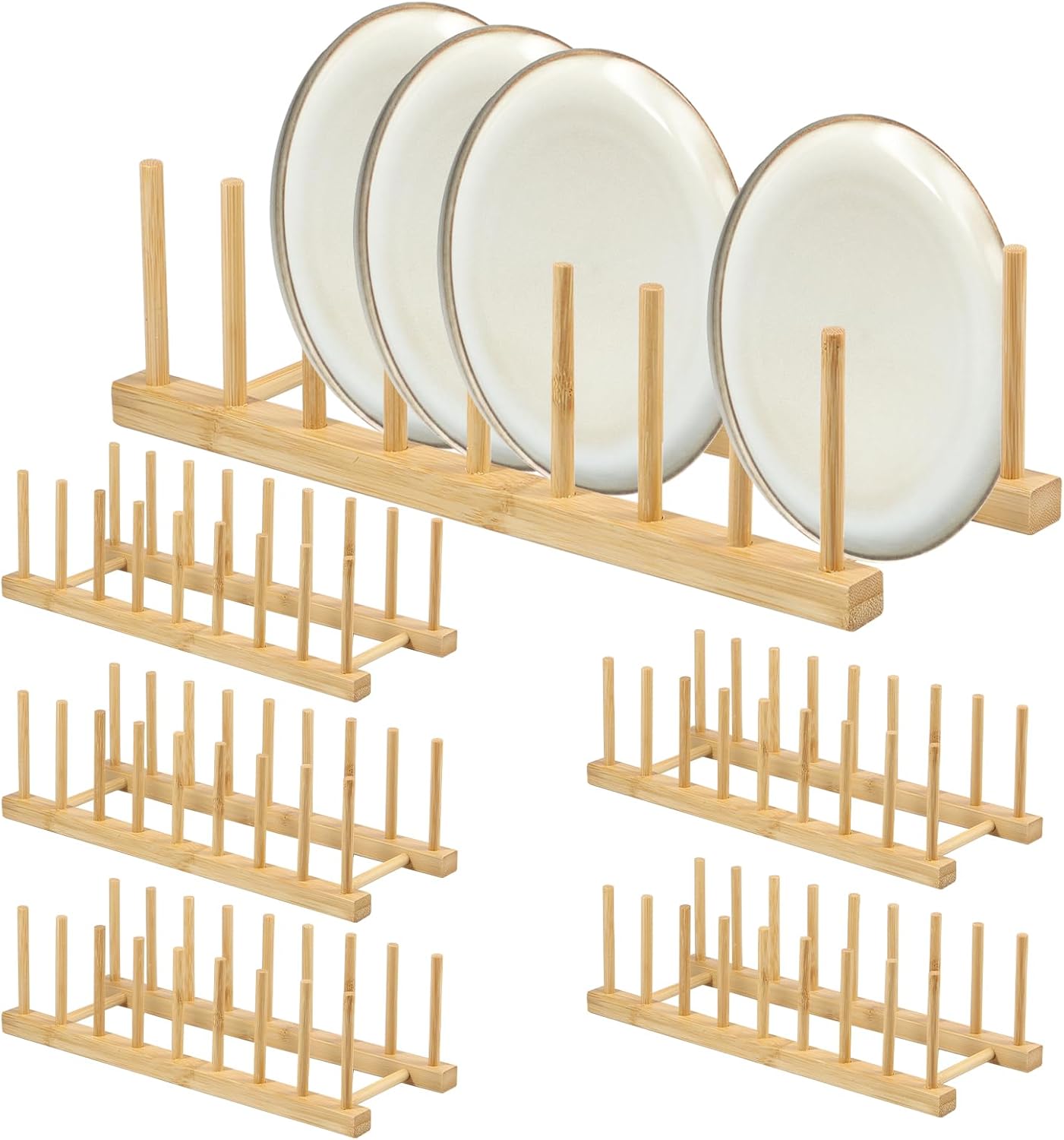 6 Pack Bamboo Dish Dying Rack 8-Slot Wooden Plate Stand Holder Pot Lid Organizer Home Kitchen Cabinet Drainer Storage Racks for Dish, Pots, Lids, Bowls, Cups, Cutting Boards, Books