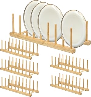 6 Pack Bamboo Dish Dying Rack 8-Slot Wooden Plate Stand Holder Pot Lid Organizer Home Kitchen Cabinet Drainer Storage Racks for Dish, Pots, Lids, Bowls, Cups, Cutting Boards, Books