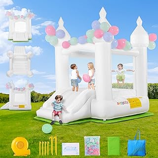 White Bounce House Indoor Outdoor Bouncy Castle for Kids 3-10 Toddler Bounce House with Slide, Floor Mat, Balloons & Blower, for Birthday Wedding Anniversary Party (Cloud Castle)