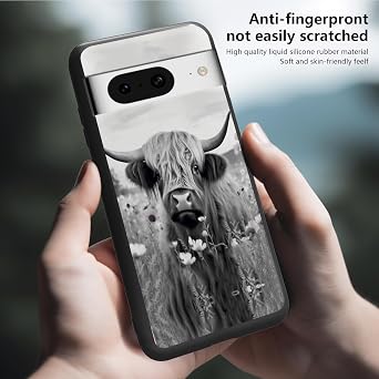 for Google Pixel 8 Case,for Google Pixel 8 Phone Case,Ultra Thin Shockproof Anti-Slip Soft Silicone Gel Black TPU Protective Phone Case for Google Pixel 8 2023,Highland Cow Ox Cattle