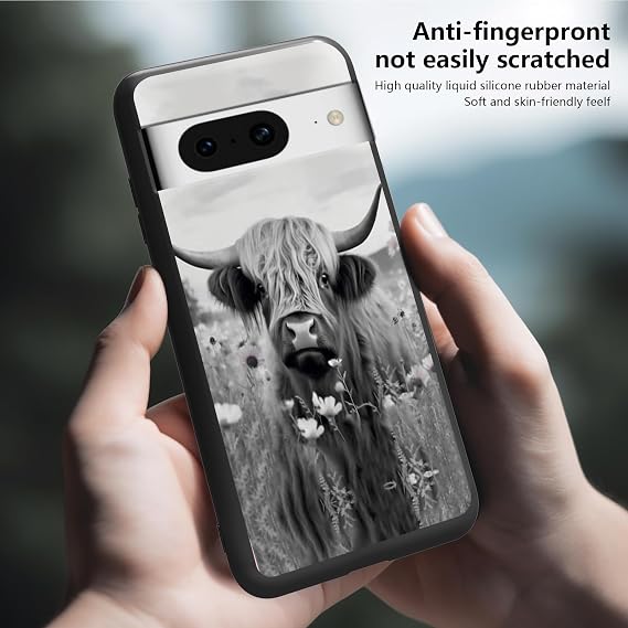 for Google Pixel 8 Case,for Google Pixel 8 Phone Case,Ultra Thin Shockproof Anti-Slip Soft Silicone Gel Black TPU Protective Phone Case for Google Pixel 8 2023,Highland Cow Ox Cattle