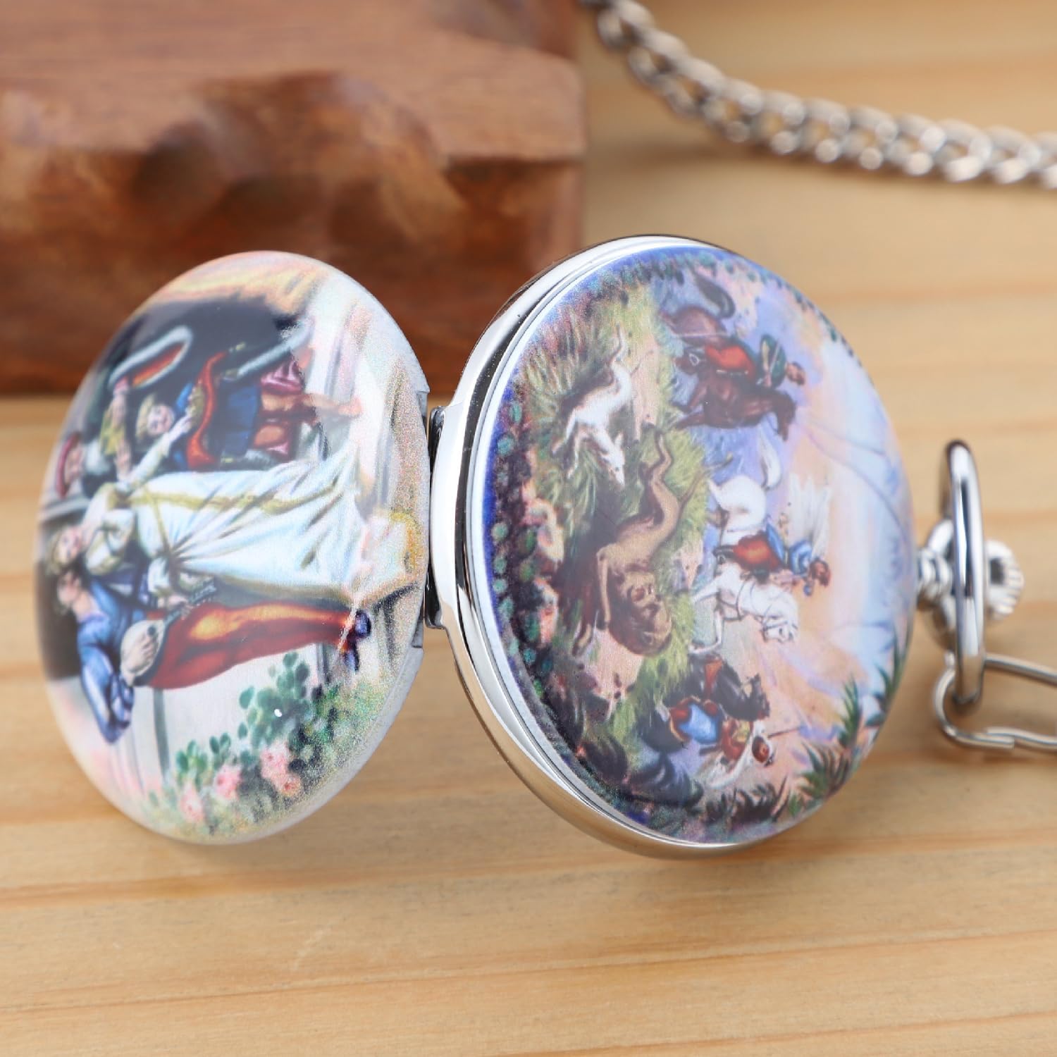 Tiong Steel Shell Colored Porcelain Flower Pattern Design Mechanical Pocket Watch, Men's Mechanical Movement Roman Numeral Dial Single Opening Pocket Watch