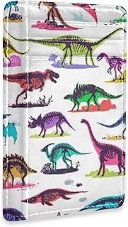 Colorful Dinosaurs Palm Trees Slim Minimalist Wallet, Front Pocket RFID Leather Blocking Card Holder Case for Men Women Girls Ladies, Stylish Printing Gift