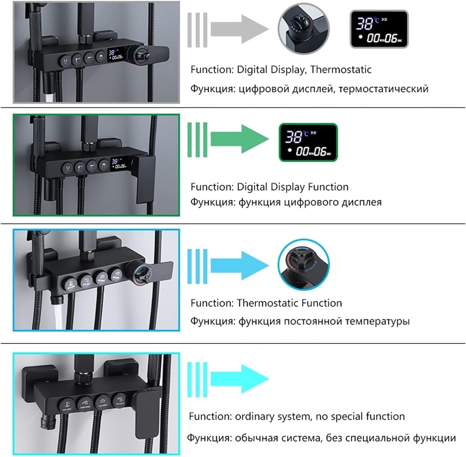 Zestaw Baterii Prysznicowej, System Prysznicowy Czarny Chrom Termostatyczny Zestaw Baterii Prysznicowych Cyfrowy Wyświetlacz Bateria Prysznicowa Łazienkowa System Pryszni-Chrome-4ways-1