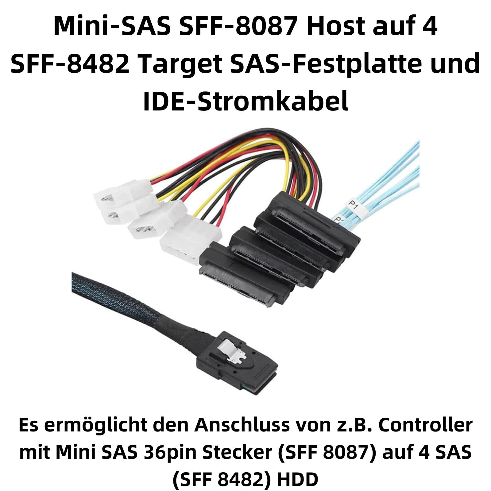 P47CS Mini SAS 36 pin maschio (SFF-8087) a 4 x 29 pin SFF-8482 & 4 pin Molex IDE cavo di alimentazione per dischi SAS – Cavo dati e combinazione di cavi di alimentazione