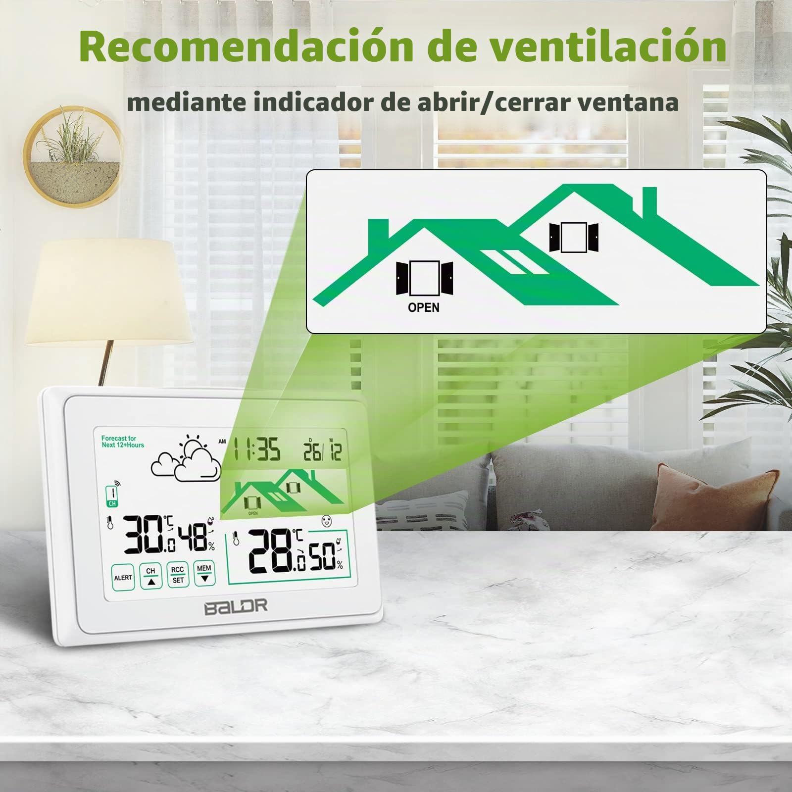 BALDR Estación Meteo Interior Exterior Inalámbrico, Reloj Umérico DCF Termómetro Interior Con Previsión del Tiempo de Ventilación y Retroiluminación