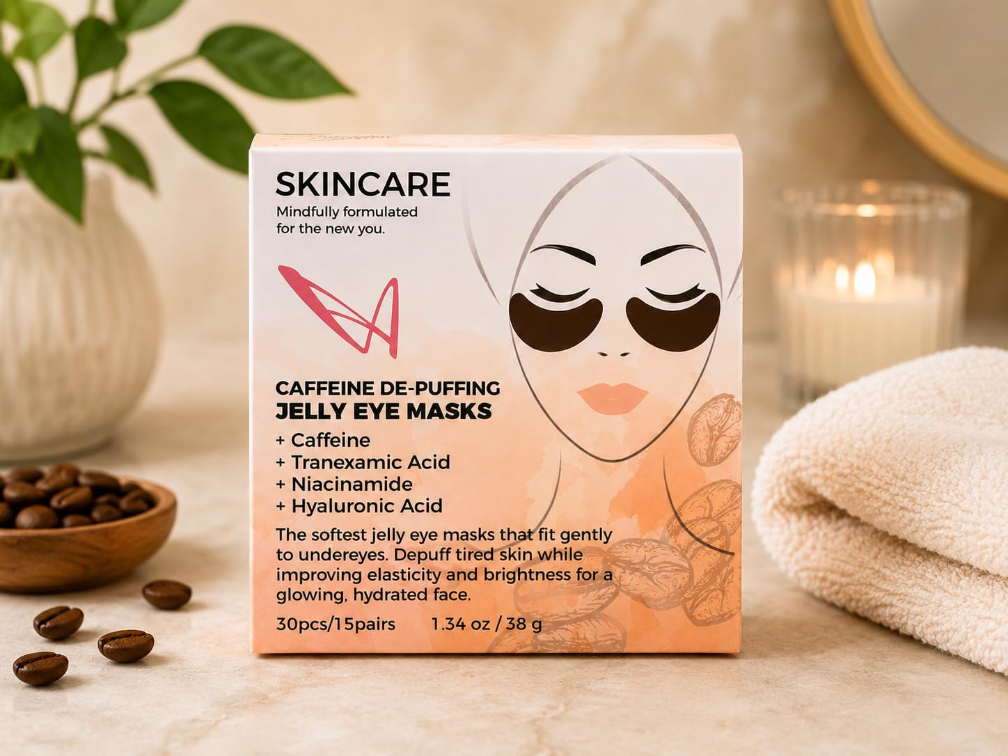 Caffeine De-Puffing Jelly Eye Masks with Tranexamic Acid, Niacinamide, Hyaluronic Acid for Brightening and Hydration, 30 Pieces, 1.34 oz (Unscented)