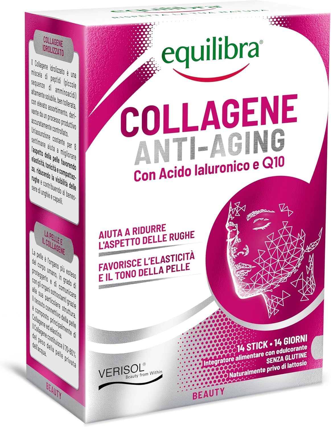 Equilibra, Collagene Anti-Aging, Collagene Idrolizzato VERISOL®, 14 Mono Stick, 5000mg Collagene a Dose, con Acido Ialuronico, Coenzima Q10, Migliora l'Aspetto della Pelle, Riduce le Rughe